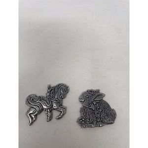 2 Vintage Carson Pewter Metal Christmas Ornaments Rabbit Bunny Carousel Horse